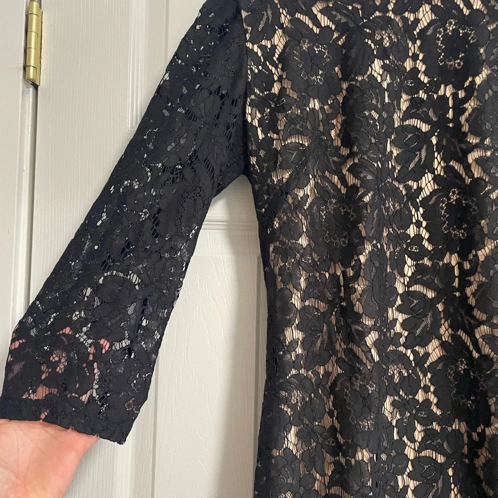 Vince Camuto Black Lace 3/4 sleeve Women's dress with Nude Underlay Size8 - Picture 3 of 5